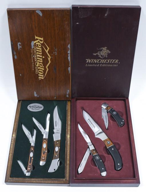2007 Winchester & Remington Knife Sets: Lot of 2007 limited edition knife sets in display cases. Lot includes a Winchester 3 knife set and a Remington 3 knife set. Knives in both sets appear to be in nice condition with light wear from stor