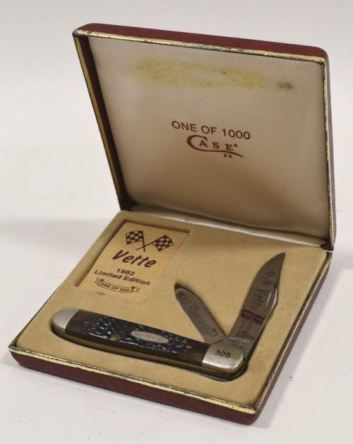 1982 Case XX Vette LE 6249 Folding Knife: 1982 Case XX "Vette" limited edition one of 500 model no.6249 folding knife in non matching Case XX display case. Knife is in overall fair condition with some surface rust and wear from use and age. C