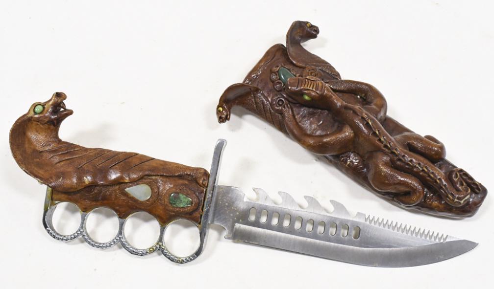 Unique Fixed Blade Knife w/ Figural Cobra Handle: Unique custom fixed blade knife with figural cobra handle and matching sheath. Appears to be in overall good condition with some scuffs, scratches, and wear from use. Does have some damage to spine of