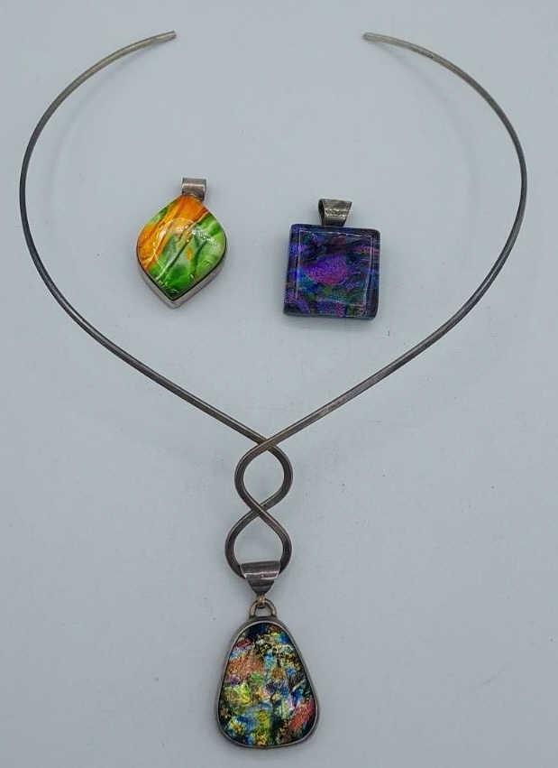Set of Sterling Silver Pendants and Choker: Set of Sterling Silver choker cuff and three pendants. Total weight 49 grams.