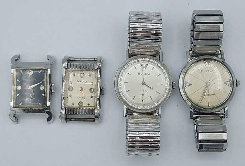 Set of Four (4) Vintage Bulova Wristwatches: Set of four Bulova wristwatches. Two watches with band and two with no band. Watches are marked Gold Filled and RGP.