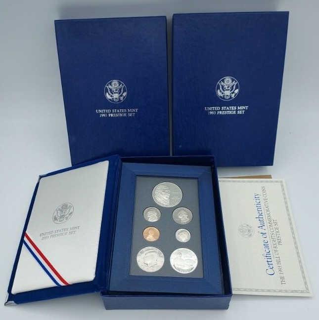 Two 1993 Bill Of Rights U.S. Prestige Coin Sets: Two U.S. 1993 Bill of Rights Commemorative Coins Prestige sets. Set includes Silver Dollar, Half Dollar, Silver Half Dollar, Quarter, Ten-Cent, Five-Cent and One-Set, COA and boxes.