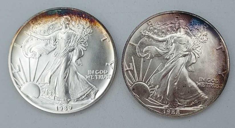 Two 1988-89 American Silver Eagle 1 Oz. Coins: 1988 and 1989, 1 Troy Oz. Fine Silver American Silver Eagle Coins.