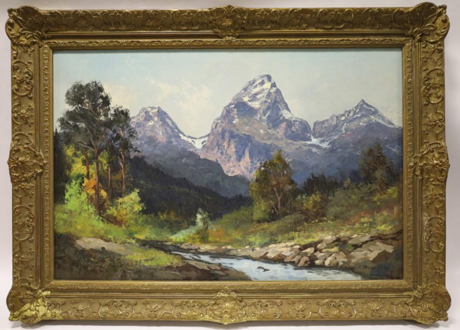 Alexander Dzigurski Mountainscape Oil On Canvas: Oil on Canvas Painting by artist Alexander Dzigurski. Mountain Ladnscape painting is signed in the lower right. Sight measures approximatley 35.25" across X 23.25" tall, framed it measures 42.5" acros