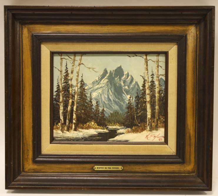 Keith Fay "Winter in the Tetons" Oil on Canvas: Oil on canvas painting by landscape painter, Keith Fay (1920 - 2008). "Winter in the Tetons" painting is signed in the lower right. Sight measures approximatley 9.5" across X 7.5" tall, framed it meas