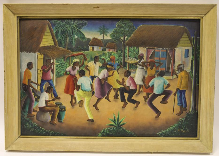 Andre Normil Street Celebration Oil on Board: Oil on board painting by Andre Normil (Born 1934) from Haiti. Street celebration painting is signed in the lower right. Sight measures approximatley 23.75" across X 15.75" tall, framed it measures 27"