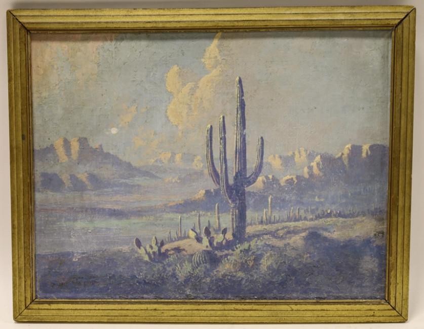 Jack Van Ryder Desert Landscape Oil on Board: Oil on board painting by Arizona artist, Jack Van Ryder (1899 - 1967). This desert landscape painting is signed in the lower left. Sight measures approximatley 15.25" across X 11.5" tall, framed it me