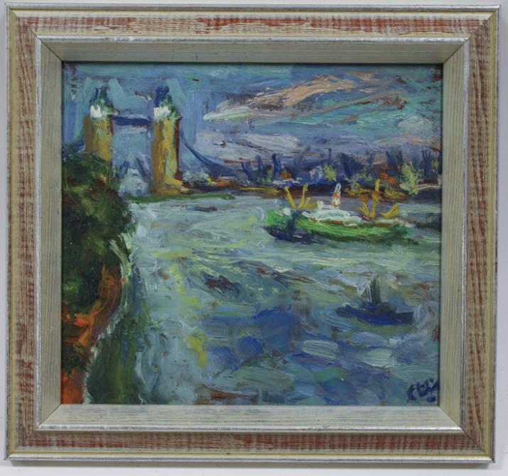 Robert Philipp "London Bridge"Oil On Canvas: Oil on canvas painting by Robert Philipp."London Bridge" painting is signed in the lower right. Sight measures approximatley 7 across X 6.5" tall, framed it measures 9.25" across X 9" tall.