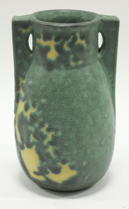 Teco Pottery Arts And Crafts Vase: Teco Pottery Arts And Crafts Vase with a matte green finish. Marked on base. Nice condition. Measures 4" across x 7" tall