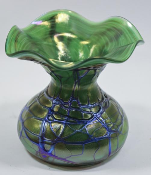 Czech Iridescent Loetz-Inspired Glass Vase, Signed: Czech Iridescent Loetz-inspired veined glass vase, Signed on the base and Marked with Czech Republic Sticker. Measures 5" across, 4.5" tall.