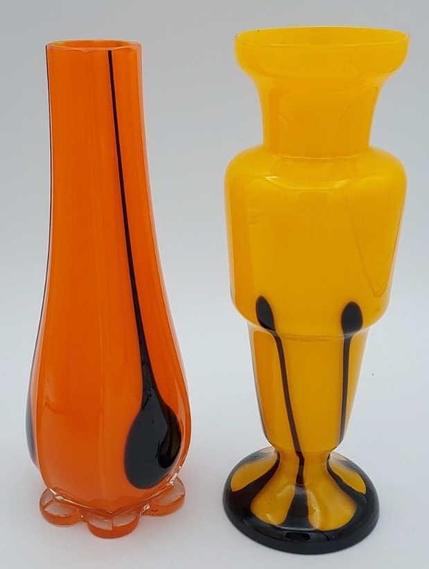Two Czech Tango Art Glass Vases: Two Czech tango art glass vases. Yellow and orange with black art glass vases. Measures 8.25" tall