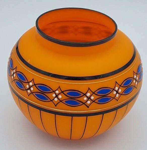Czechoslovakia Tango Art Glass Vase: Czech Tango art glass orange and black piped vase. Marked on base. Measures 5" across, 4.5" tall