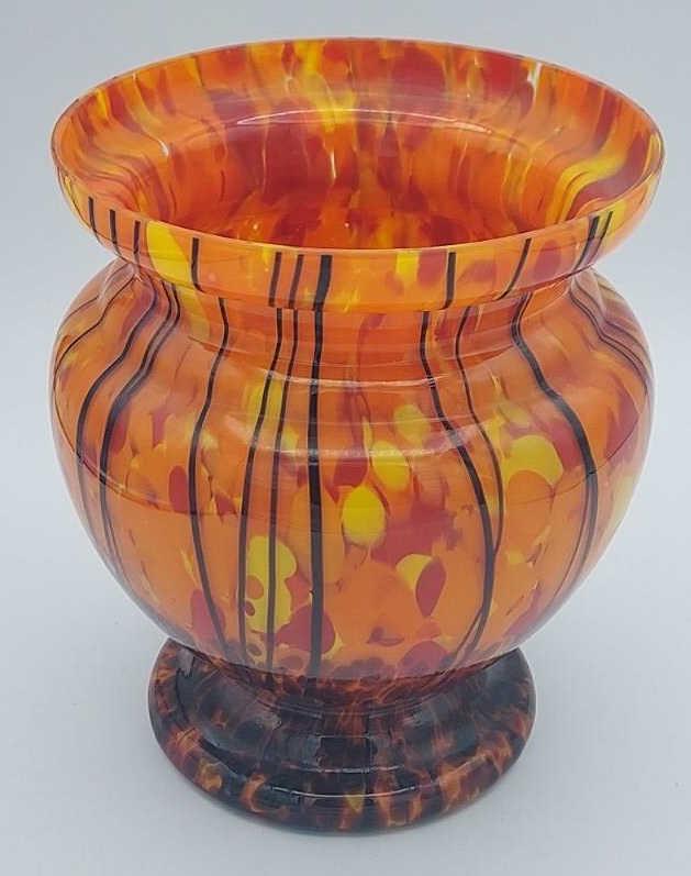 Czech Art Glass Orange Spatter Vase: Czech Art glass vase orange Spatter. Vase marked on base. Measures 6.5" across and 7.75" tall.