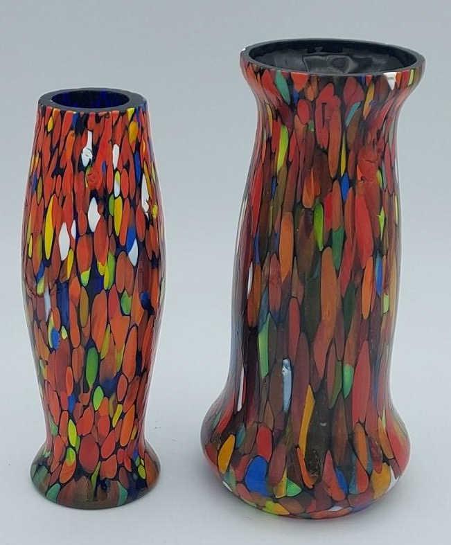 Two Colorful Spatter On Black Czech Art Glass Vase: Two Colorful Spatter on black Czech art glass vases. One marked on base. Measure between 6.5"-7" tall.