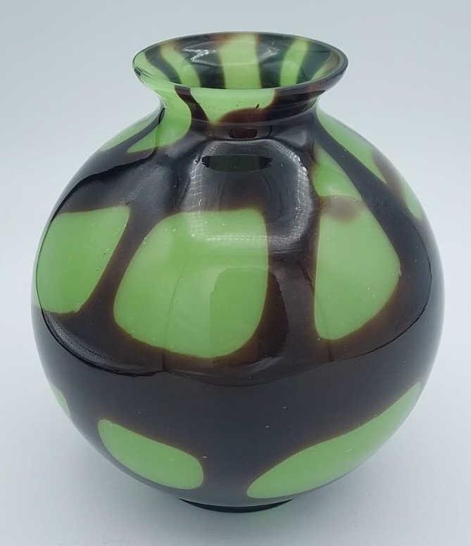 Round Czech Art Glass Vase: Round green and brown art glass vase marked Czechoslovakia on base. Measures 5.25" across, 6.5" tall.