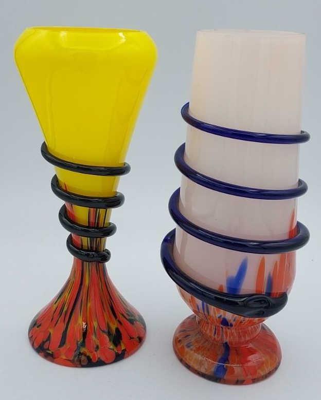 Two Czech Spatter Vases with Snake Windings: Set of two Czech spatter art glass vases, both with snake winding accents. Vases measure 3.5" across, 8.25" tall.