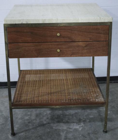 Paul McCobb Calvin Walnut Side Table: Vintage Paul McCobb Calvin Side Table in Walnut. Table with Travertine top and rattan shelf. Made in Grand Rapids, Michigan. Nice condition with minor wear. Measures 20" across, 20" deep, 24.5 tall
