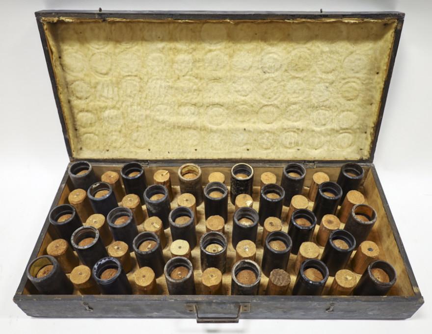 Box of Cylinder Records For Photograph: Box of Cylinder Records For Photograph. Lot includes Edison and other cylinder records in a cylinder record case. Case measures 30" across, 13.5" tall, 5.5" deep.