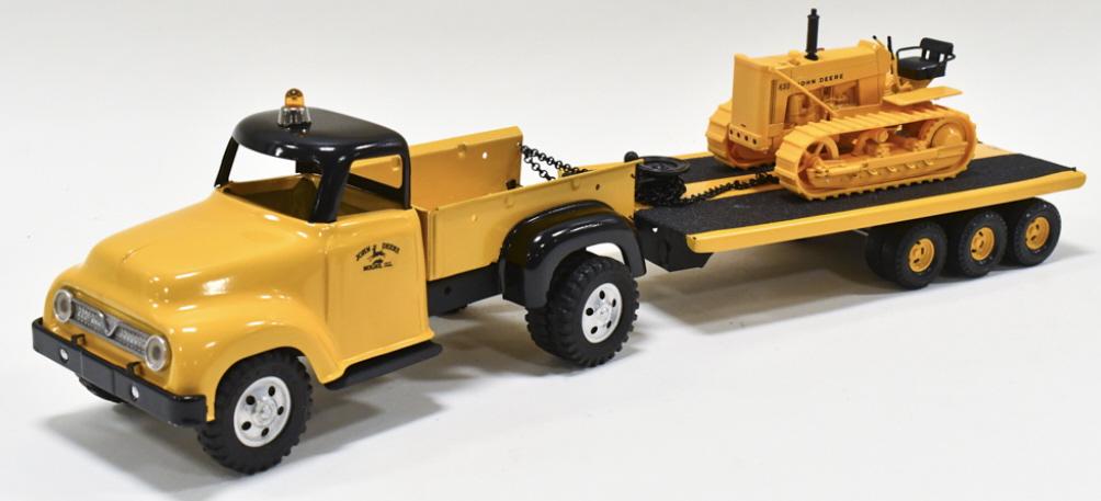 Custom Tonka John Deere Pickup w/ Trailer & Dozer: Custom Tonka industrial John Deere pickup truck with trailer and John Deere 430 crawler. Displays very well with a John Deere industrial paint scheme, dual rear wheels on the truck, winch on the trail