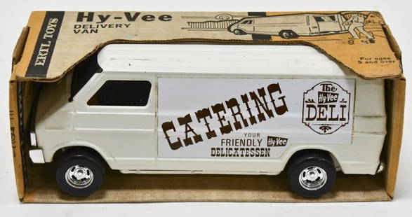 Ertl Hy-Vee Catering Delivery Van With Box: Original Ertl Hy-Vee Catering delivery van with the original box. The van has some scuffs and wear from storage and age. The box has some soiling and staining. Measures approximately 11-1/2" long.