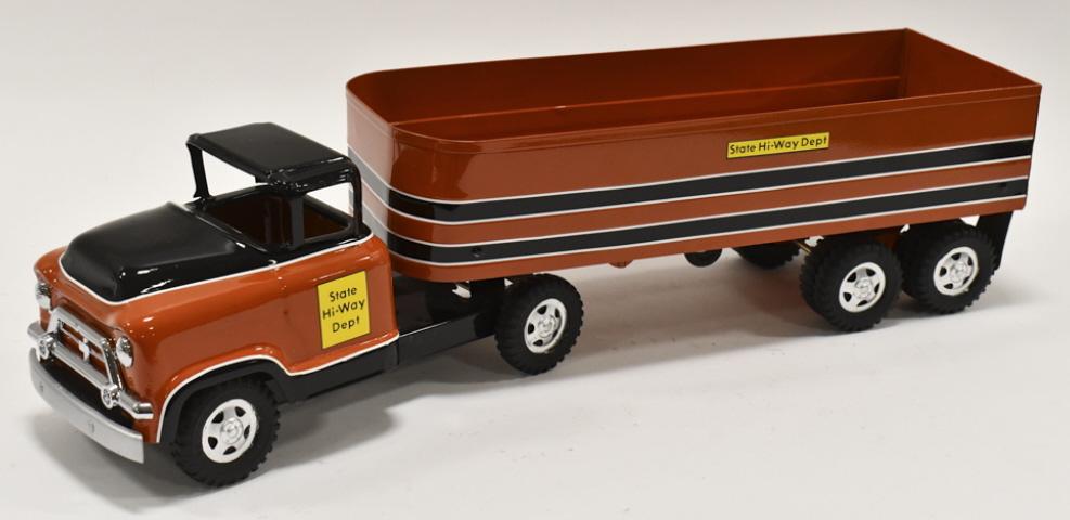 Custom Buddy L State Hi-Way Dept Truck w/ Trailer: Custom Buddy L State Hi-Way Dept truck with trailer. Good condition with light wear from storage and display. Displays well with a good look. Measures approximately 23-1/2" long.
