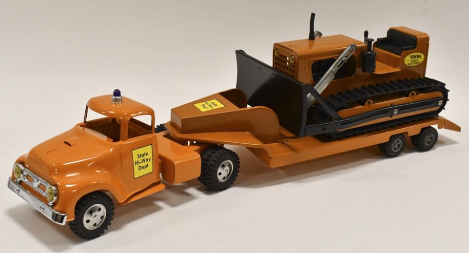 Tonka State Hi-Way Dept Truck w/ Trailer & Dozer: Custom Tonka State Hi-Way Dept truck with trailer and bulldozer. Good condition with light wear from storage and display. The color of the paint on the truck doesn't quite match the paint on trailer a