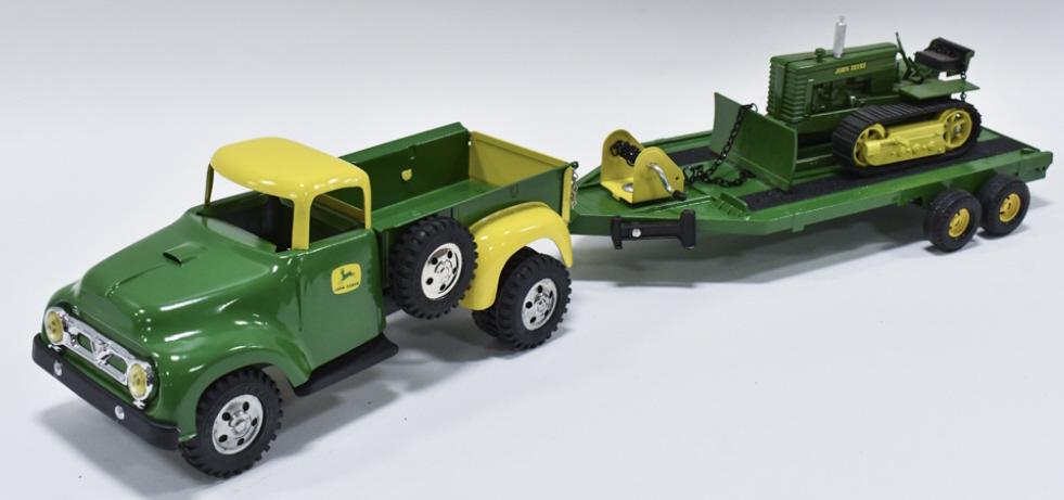 Custom Tonka John Deere Pickup w Trailer & Dozer: Custom Tonka John Deere dual wheeled pickup truck with trailer and John Deere MC dozer. Displays well with with dual wheels, spare tire, chains on the trailer, and dozer. Good condition with light wea