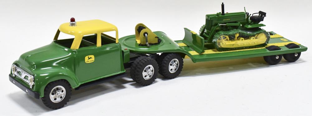 Custom Tonka Extended Cab w/ Lowboy & Dozer: Custom John Deere Tonka extended cab with lowboy and John Deere crawler with blade. Displays very well with custom extended cab, detailed dozer, and John Deere decals. Good condition with light wear f