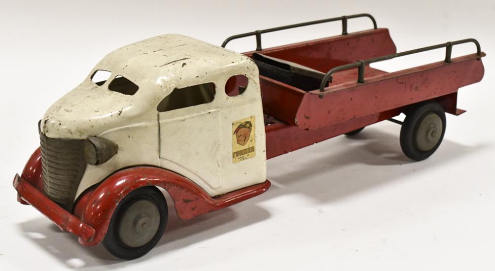 Original Turner Toys Service Truck: Original Turner Toys truck. It looks like it originally came with a tow boom. One of the wheels is cracked. The truck has paint loss and wear from play and age. Measures approximately 20" long.