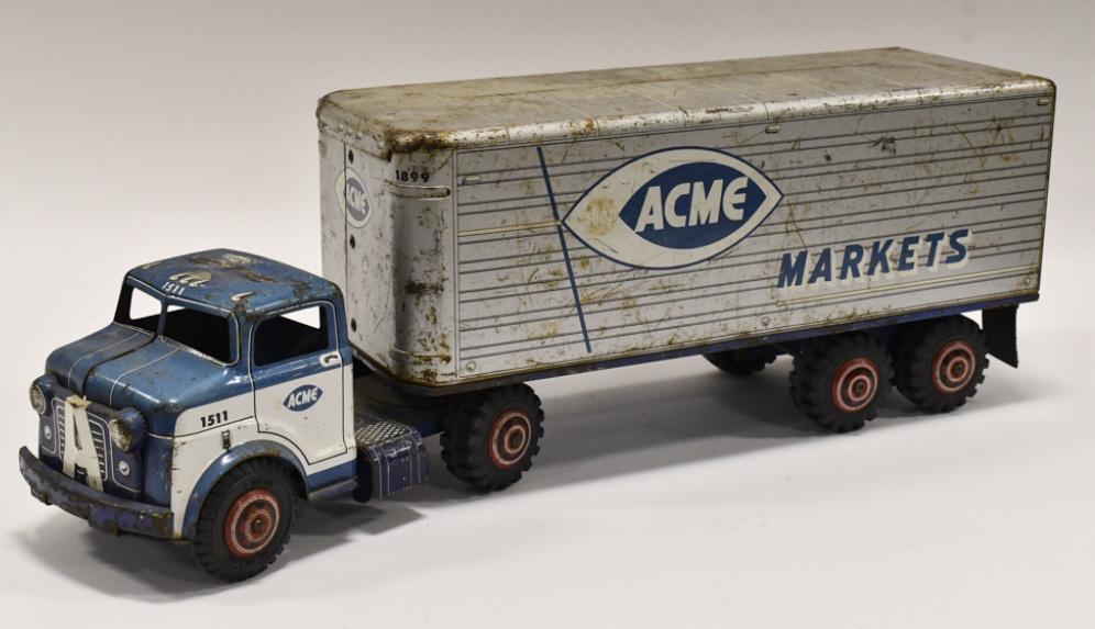 Marx Acme Markets Private Label Truck & Trailer: Marx Lumar Acme Markets private label truck and trailer. The trailer is missing one of the rear doors, and the truck is missing one of the hubcaps. Both have paint loss and wear from play and age. Mea