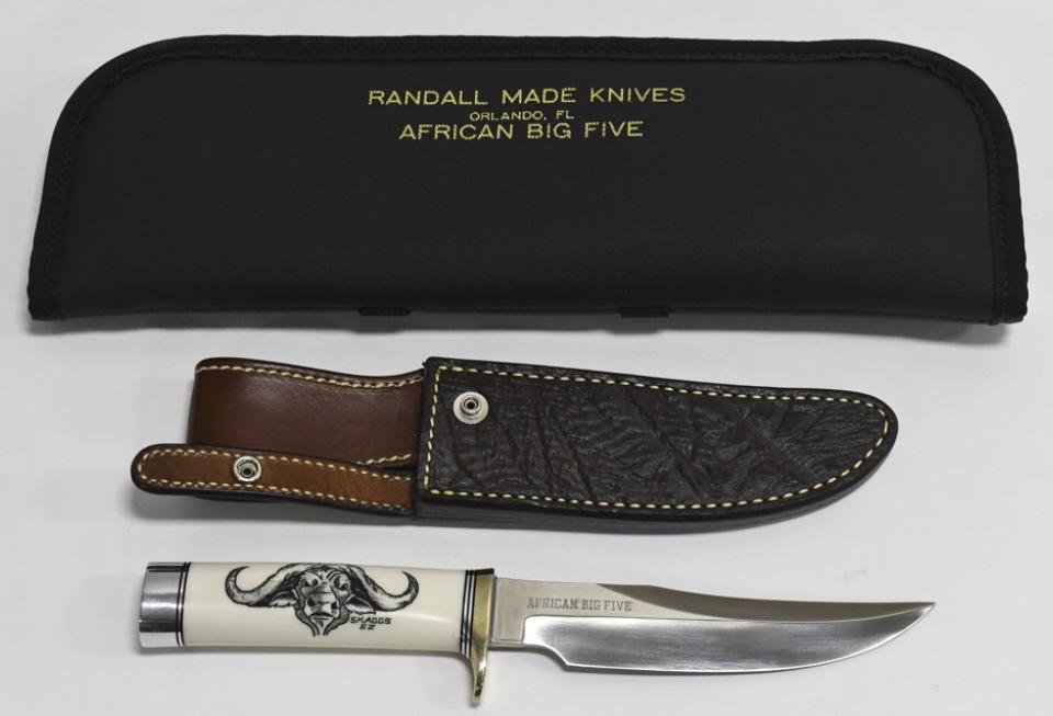 Randall African Big Five Buffalo Knife w/ Sheath: Randall Made limited edition of 100 African Big Five Cape Buffalo scrimshaw model no.12 Little Bear Bowie fixed blade knife with unique Randall Made Cape Buffalo leather sheath and African Big Five ca