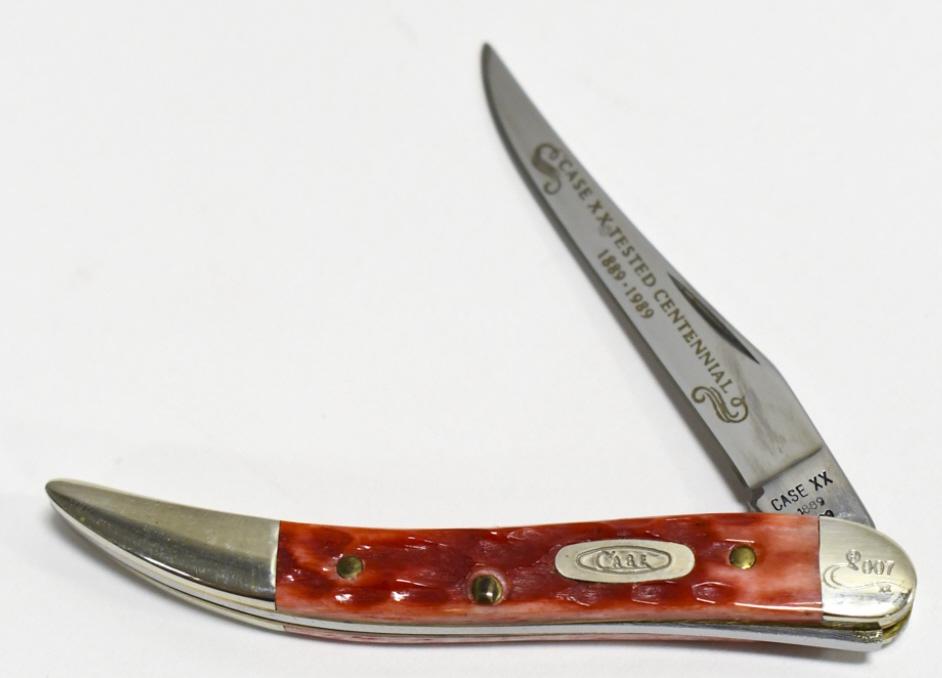 1989 Case XX Centennial 007/500 Small Toothpick: 1989 Case XX limited Centennial edition model no.R610096 Small Toothpick single blade red jig bone folding knife. Knife appears to be in nice condition with wear from display, storage, and age. When c