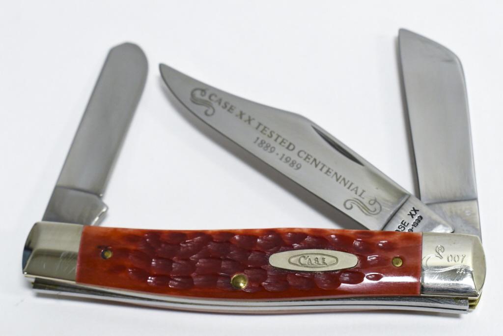 1989 Case XX Centennial 007/500 Texas Stockman: 1989 Case XX limited Centennial edition model no. R6392 Texas Stockman three blade red jig bone folding knife. Knife appears to be in nice condition with wear from display, storage, and age. When clos