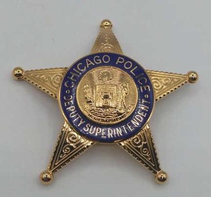 Obsolete Chicago Police Deputy Superintendent: Nice 3" gold-tone w/enameled border 5pt star badge.
