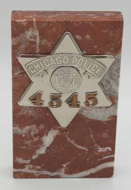 Obsolete Chicago Police Pie Plate Badge on Marble: 3.5" Badge #4545, mounted on polished marble slab for display. Copper numbers, nice shine.