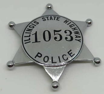 Obsolete Illinois State Highway Badge #1053: 2.5" 6pt silver-star badge number 1053, shows some useage wear.