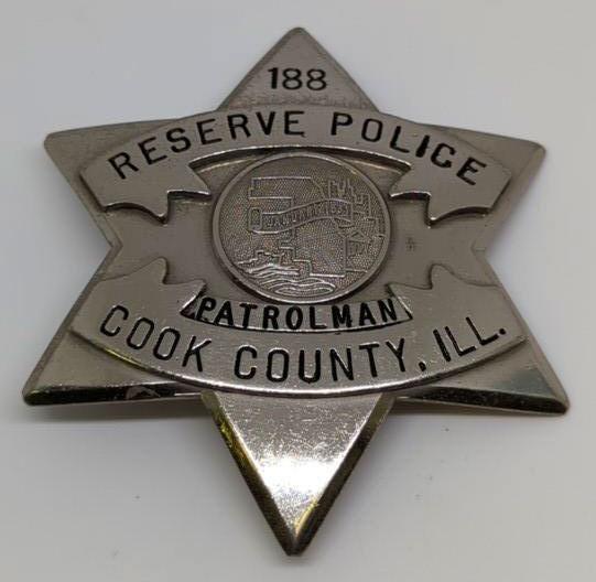 Obsolete Cook Co, IL Reserve Police Badge #188: 3" 6pt pie plate badge #188, marked CH Hanson on back.