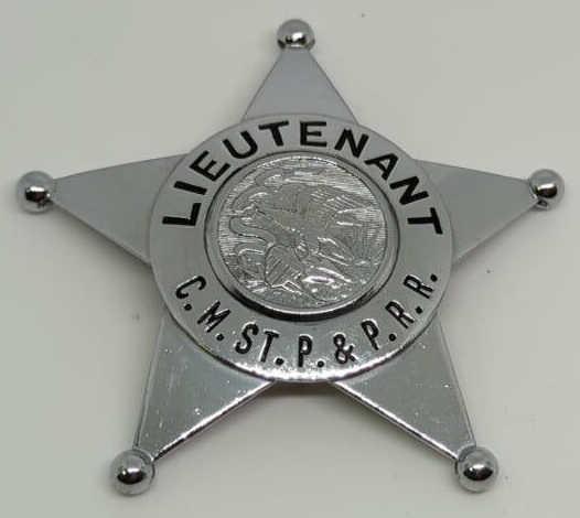 Obsolete C.M.St.P & P. Railroad Lieutenant Badge: 2.5" 5pt silver star badge for the Chicago, Minneapolis, Saint Paul and Pacific Railroad Co. Marked CH Hanson on back.