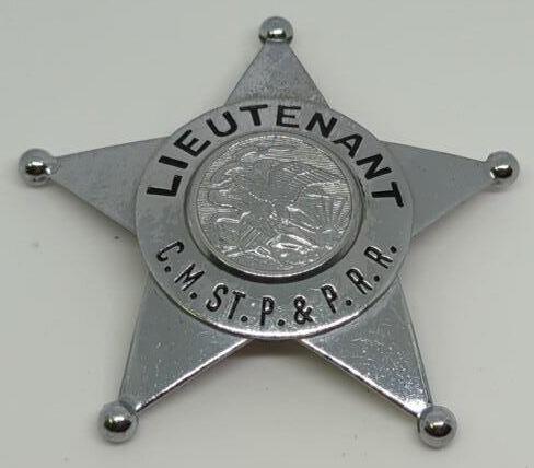 Obsolete C.M.St. P & P Railroad Lieutentant Badge: 2.5" 5pt silver star badge for a Lieutenant of the Chicago, Minneapolis, St. Paul and Pacific Railroad Co. Marked CH Hanson on the back.
