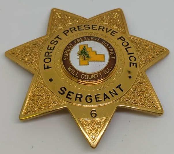 Obsolete Will Co Forest Preserve Police Sergeant: 3" 7pt gold tone badge, marked CH Hanson on back.