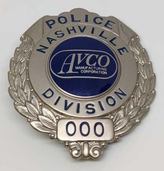Vtg AVCO Mfg Police Badge Nashville Div #000 (1 of 2)
