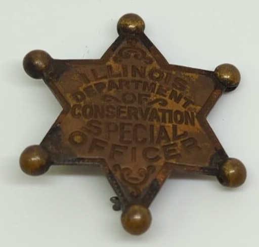 Obsolete Illinois Dept Conservation Spec Officer: 1.25" 6pt star badge engraved "Peter Campo" on back