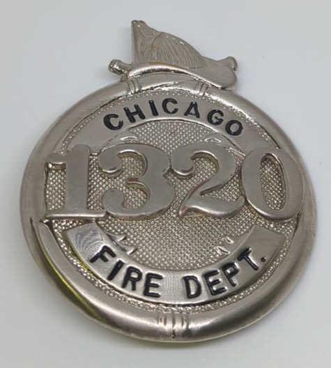 Obsolete Chicago Fire Dept Helmet-Top Badge 1320: Raised letter obsolete badge #1320