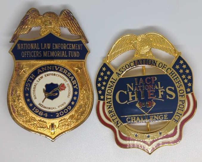 Pair of Police Memorial/Commemorative Badges: 25th Anniv Memorial Fund Badge and IACP National Chiefs Badges