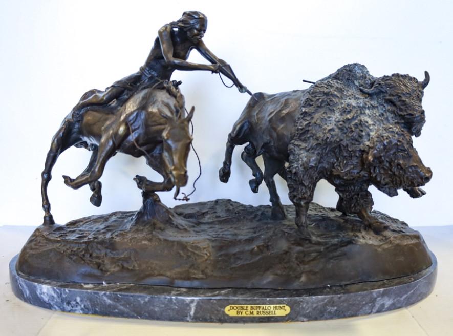 C.M. Russell "Double Buffalo Hunt" Bronze Statue (1206) on Jan 08