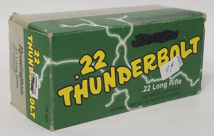 500 Rnds Remington Thunderbolt .22 LR Cartridges: 500 rounds of Remington Thunderbolt .22 LR cartridges. 40 grain solid point. Comes in original 500 count brick.