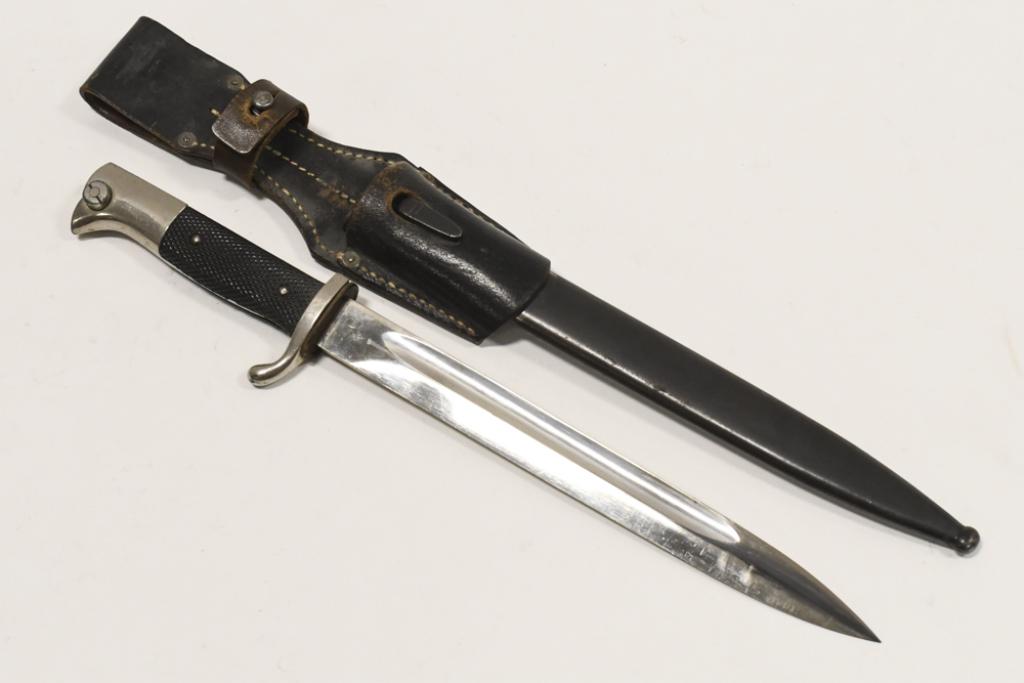 WWII German Dress Bayonet With Scabbard & Frog: WWII German Dress Bayonet with Scabbard & leather frog. Blade is marked " ACS". Has plate loss and wear from use and age. Blade measures approx. 9-3/4" long. Overall with scabbard and frog 16-1/2" acr