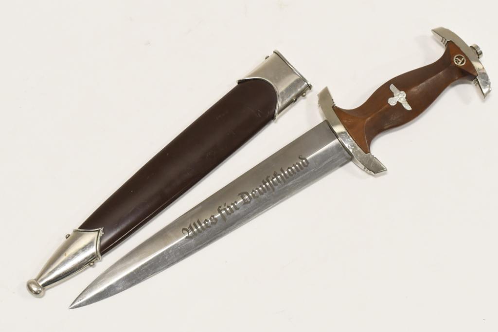 WWII German SA Dagger With Scabbard: WWII German SA Dagger with scabbard. Dagger blade is marked "RZM M7/27". Blade has " Uillis Fur Deutschland" engraved down it. Appears to be in overall good condition with plate loss and wear from use