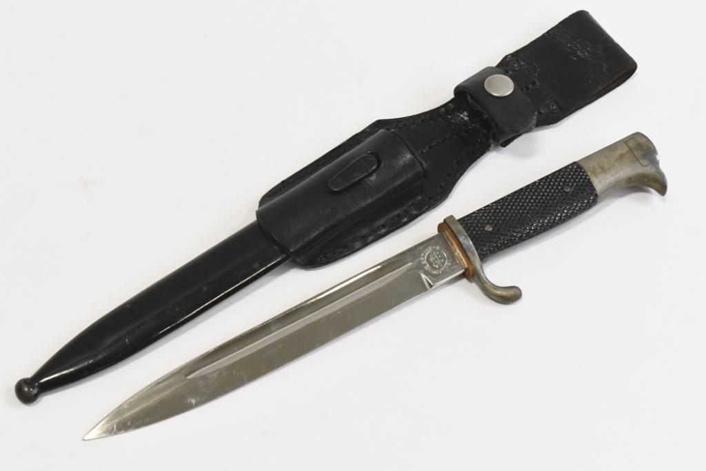 WWII German Dress Bayonet With Scabbard & Frog: WWII German Dress Bayonet with Scabbard & leather frog. Blade is marked " C. Gustav Spitzer". Has plate loss and wear from use and age. Blade measures approx. 7-3/4" long. Overall with scabbard and fr