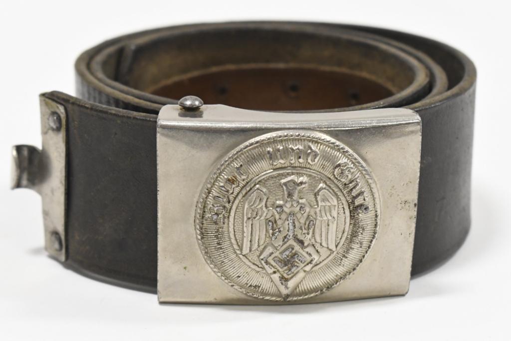 Third Reich German Hitler Youth Buckle w/ Belt: WWII German Hitler Youth leather belt with buckle. Buckle appears to be in good condition with plate loss and wear . Back is marked "RZM M4/27". Leather belt is marked "NPEA" and " bmc 41". Belt measu